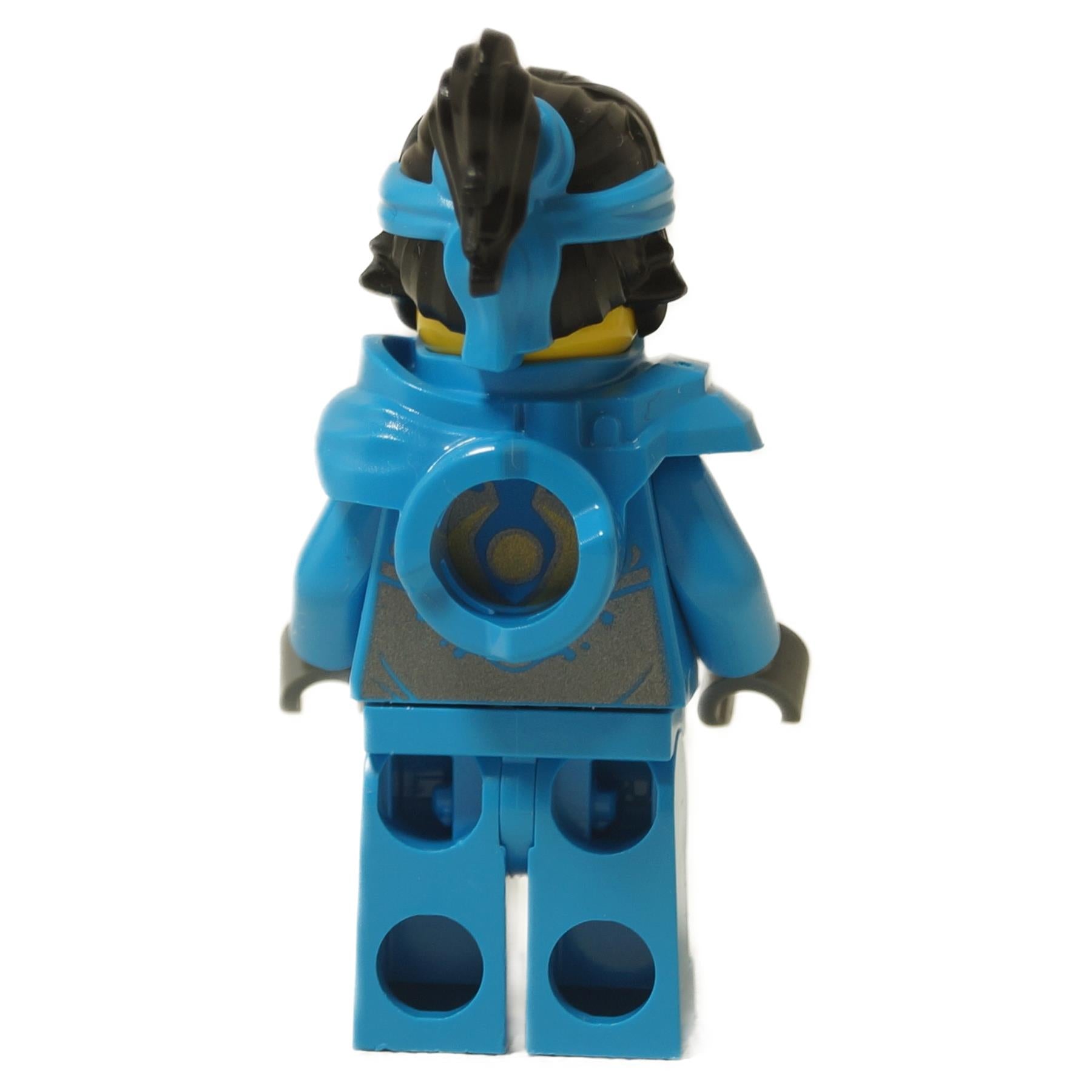 Back view of the LEGO Ninjago Nya - Dragons Rising minifigure (njo0881), showing the back of the blue outfit, the black ponytail hairpiece, and the detailed blue armor accessory on her back which features a circular opening.