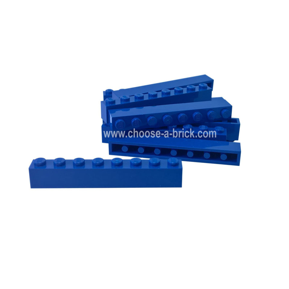LEGO Brick 1 x 8, blue, stack of multiple pieces, perspective view