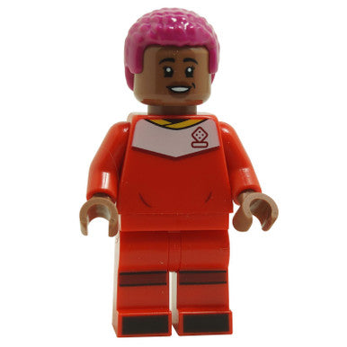 LEGO Asisat Oshoala minifigure, red soccer uniform, pink hair, front view