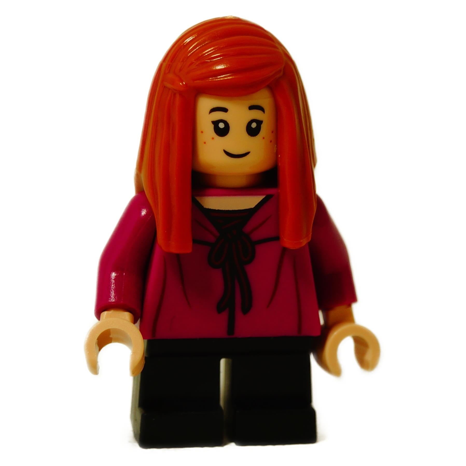 Front view of LEGO Ginny Weasley minifigure (hp249) with red hair, freckles, and smiling expression.