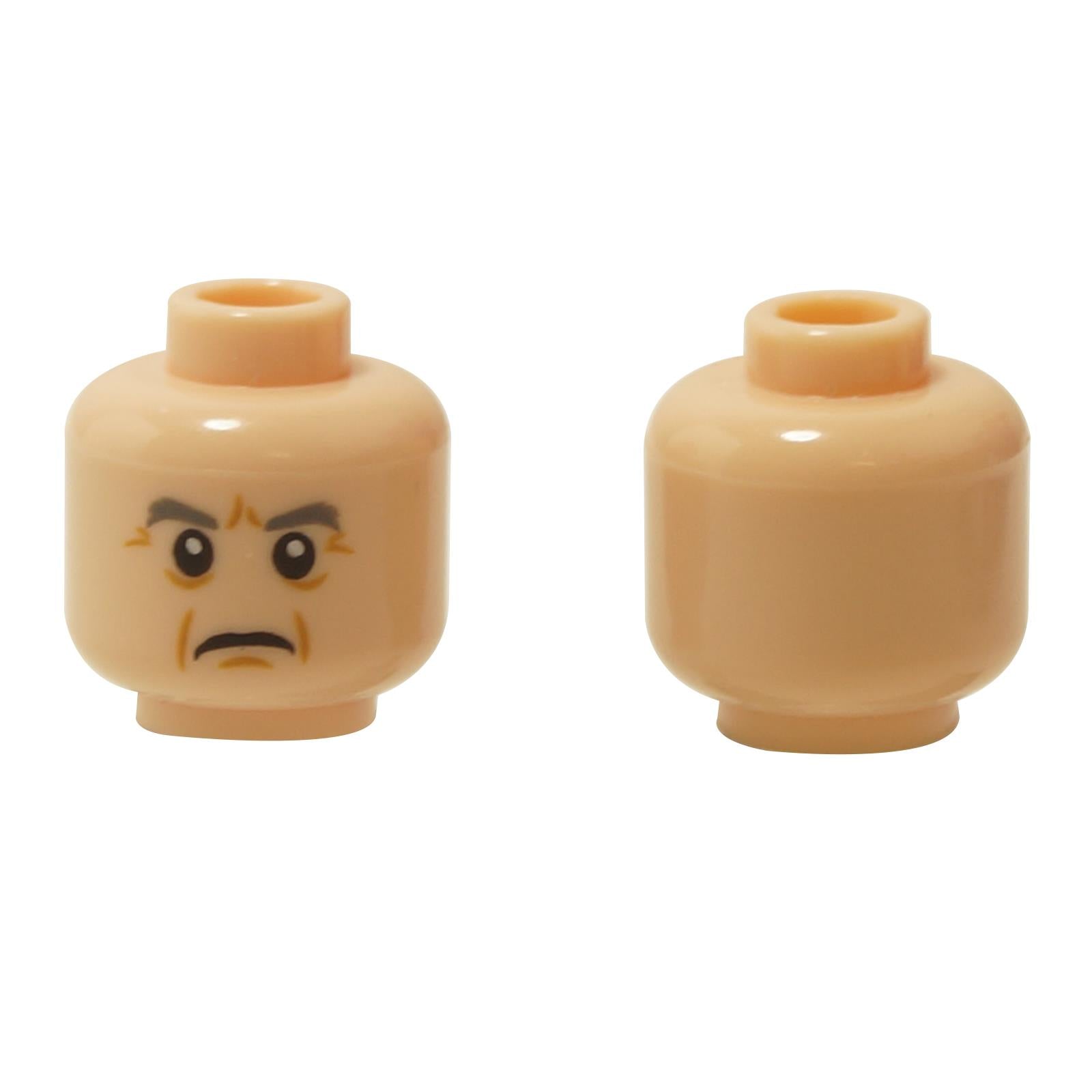 Front and alternate side views of the LEGO® minifigure head (3626pb2156) in light nougat, featuring a stern frowning face with expressive wrinkles above the eyes and a small chin dimple.