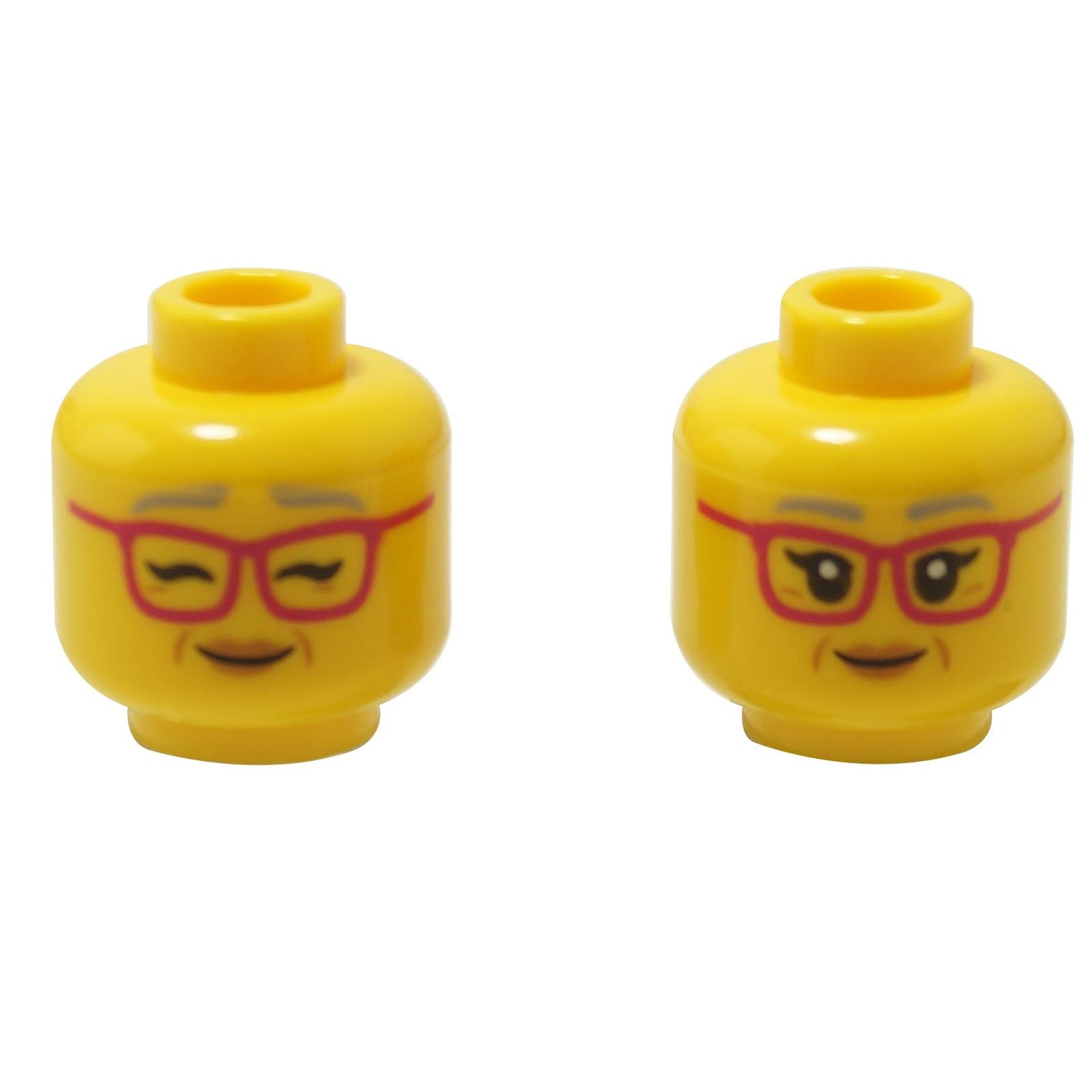 Front and alternate side views of the LEGO® female dual-sided minifigure head (3626pb2933) in yellow, featuring red glasses, dimples, and two expressions: a gentle smile with open eyes and a cheerful closed-eye grin.