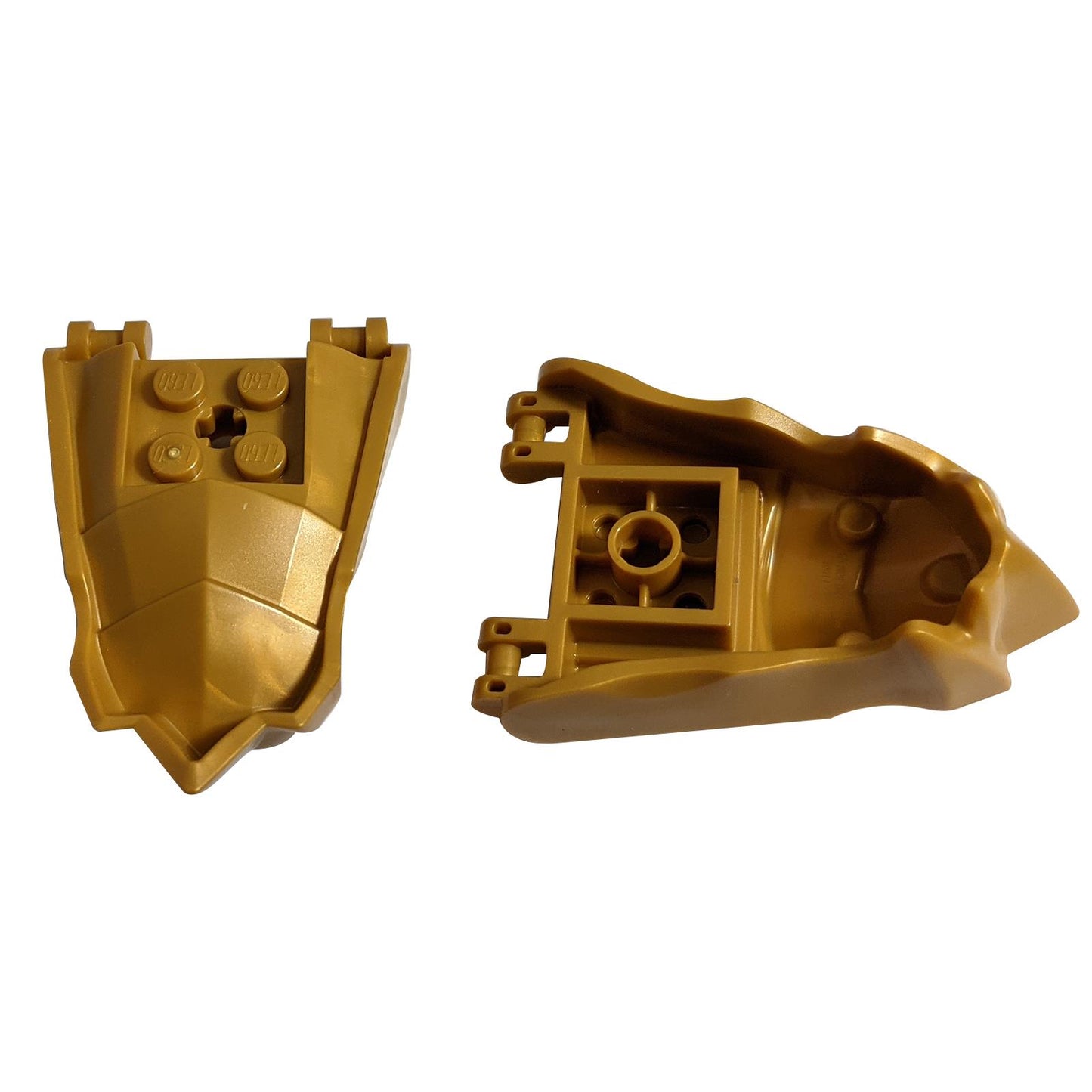 Two metallic gold LEGO Ninjago Dragon Head Jaw pieces (80017) shown separate, one front, one back.