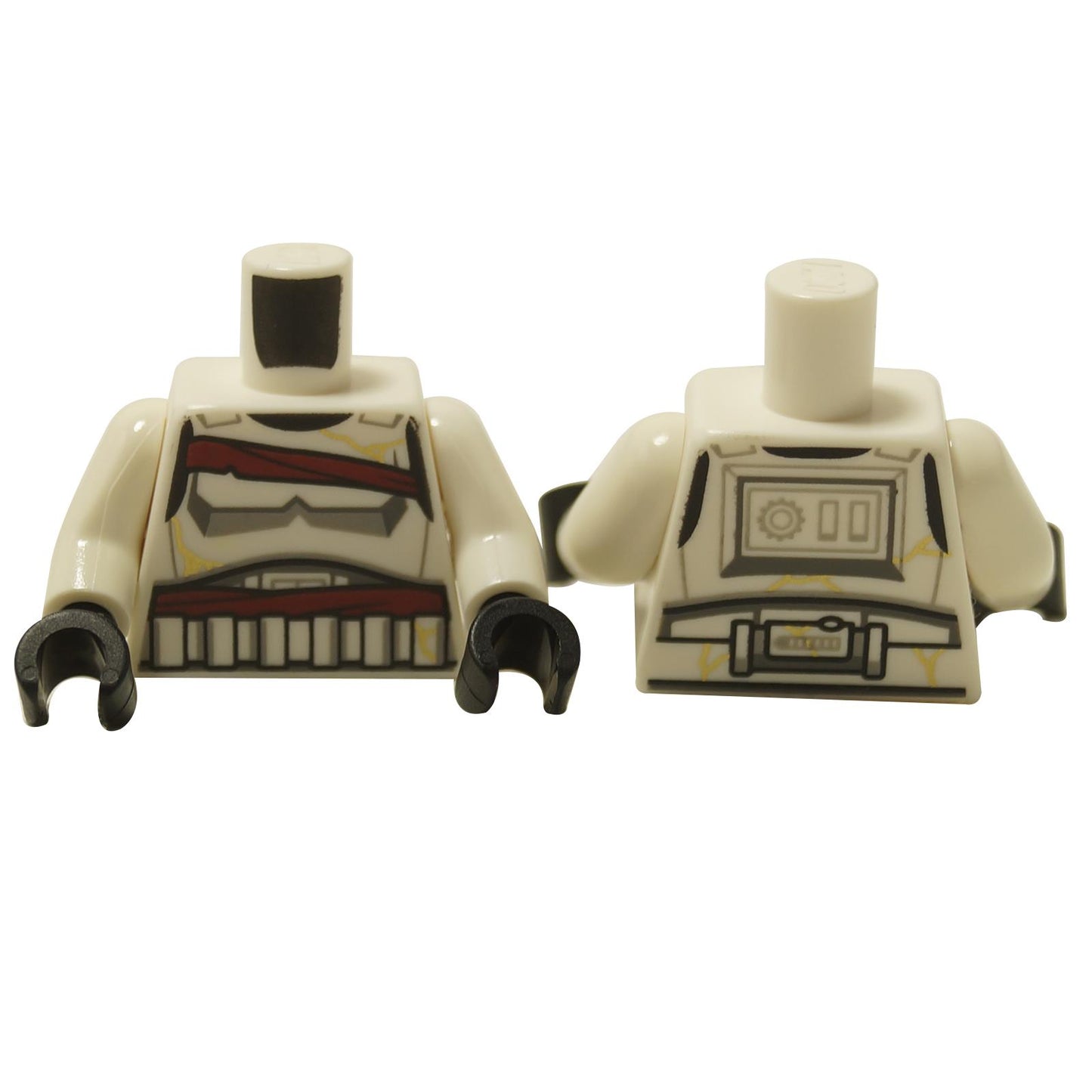Front view of LEGO white Stormtrooper torso (973pb5790c01) with red sash, grey armor, and gold crack details.