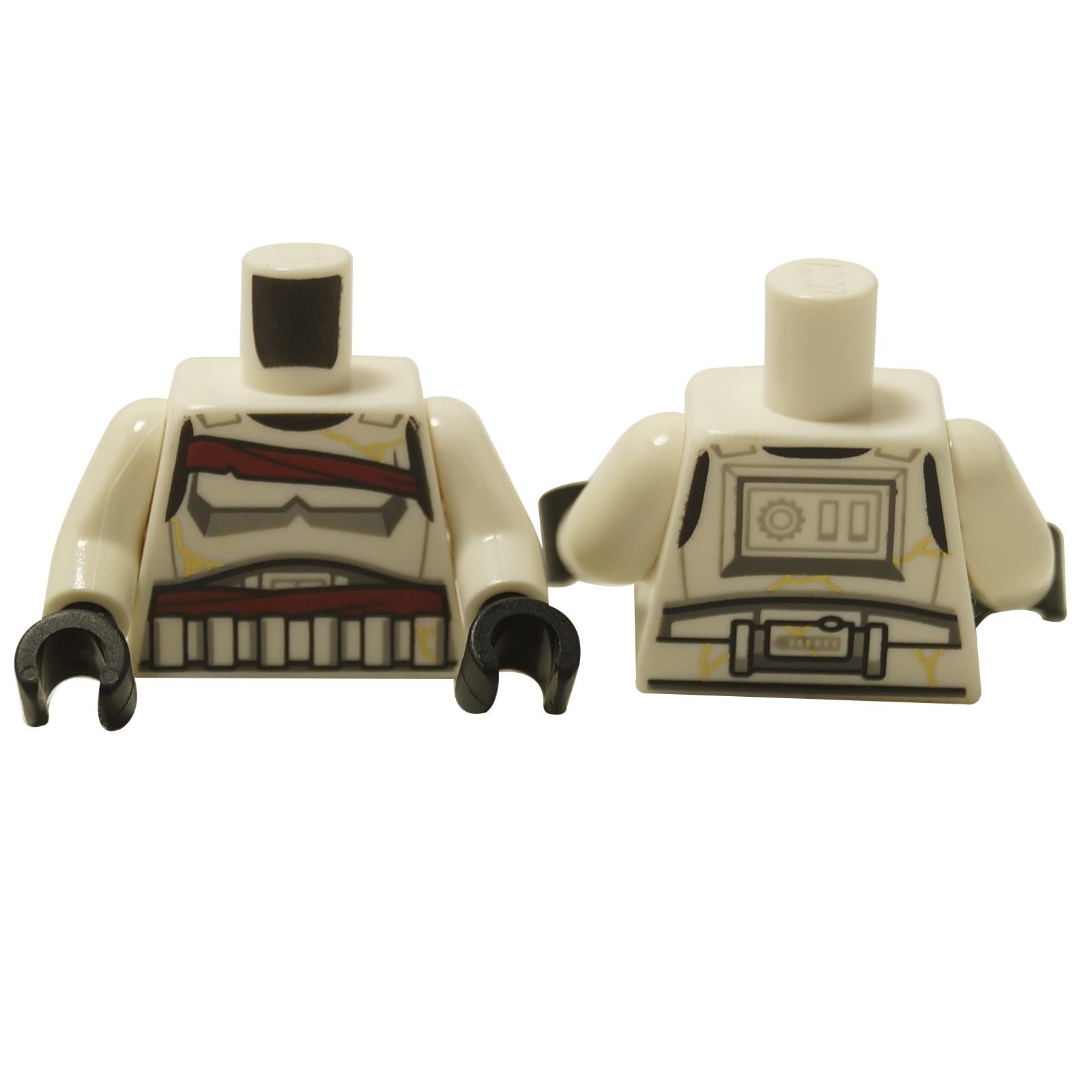 Front view of LEGO white Stormtrooper torso (973pb5790c01) with red sash, grey armor, and gold crack details.