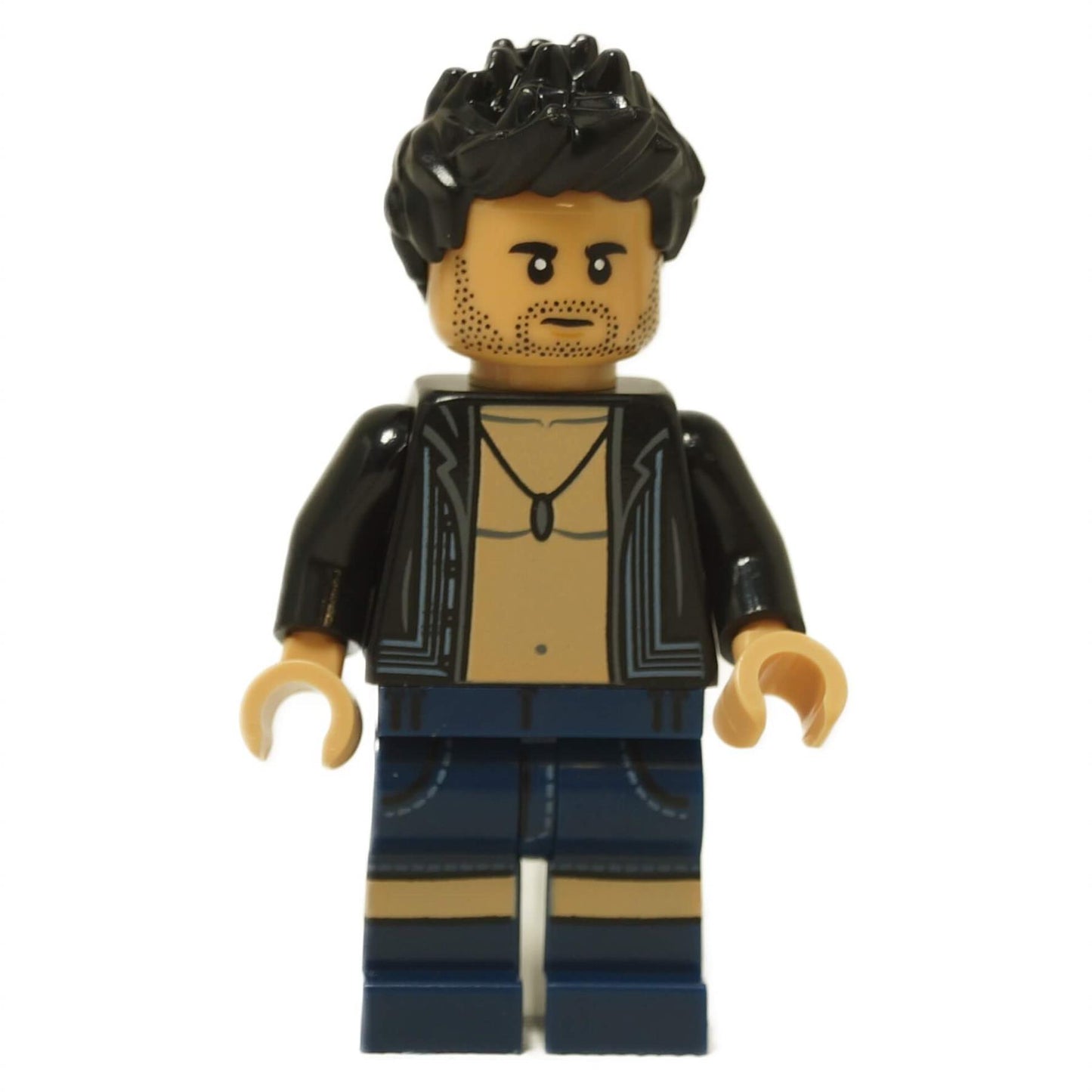LEGO® Xavier Dobbs minifigure (jw133) with neutral face print, open black jacket, and dark blue pants from Jurassic World: Chaos Theory.