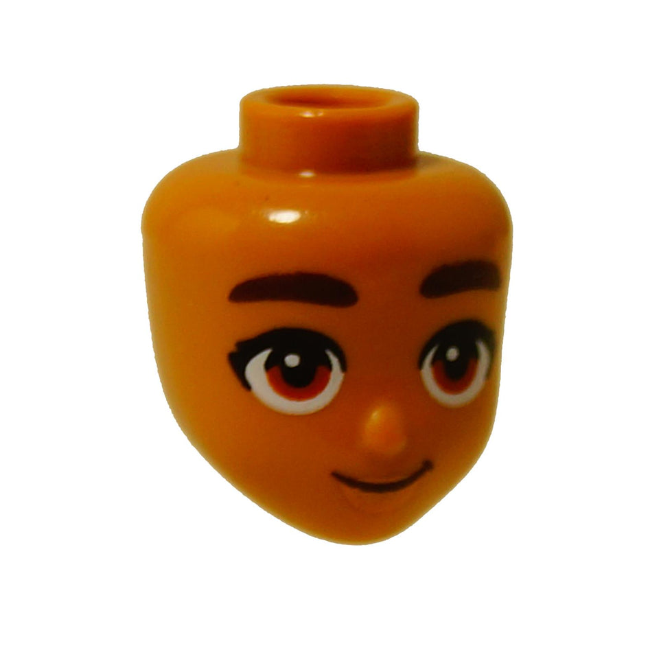 Medium nougat LEGO® mini-doll head (105992) featuring dark orange eyes, thick eyebrows, and a gentle smile.  