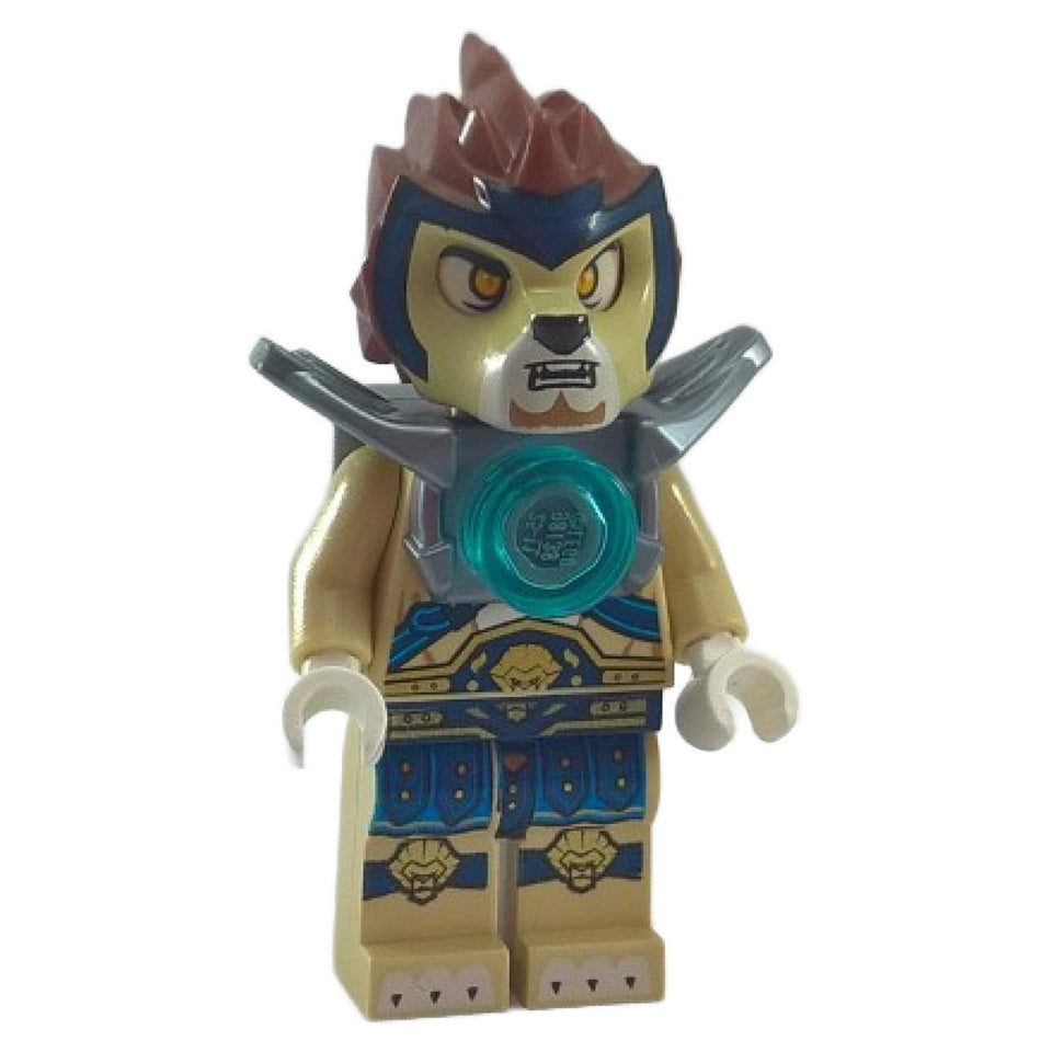 Front view of LEGO Chima Lennox minifigure (loc006) featuring a tan lion head mold, brown mane, and silver CHI armor with a translucent teal power core.