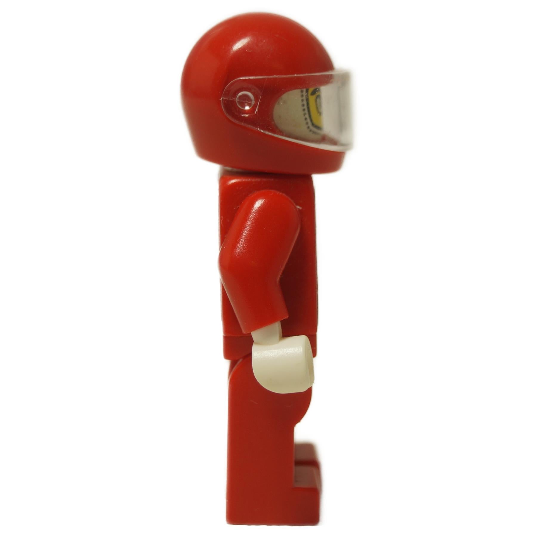 LEGO® Racers Ferrari F1 driver minifigure (rac024as) side view wearing red helmet and suit with Shell and Vodafone details.