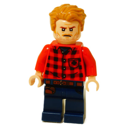 Front view of LEGO Jurassic World Owen Grady minifigure (jw089) with orange hair, angry expression, and red plaid shirt.