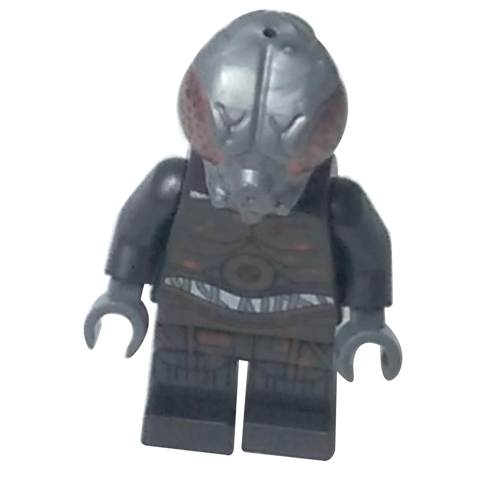 4-LOM droid minifigure front view with metallic silver head, dark torso print, and dark legs
