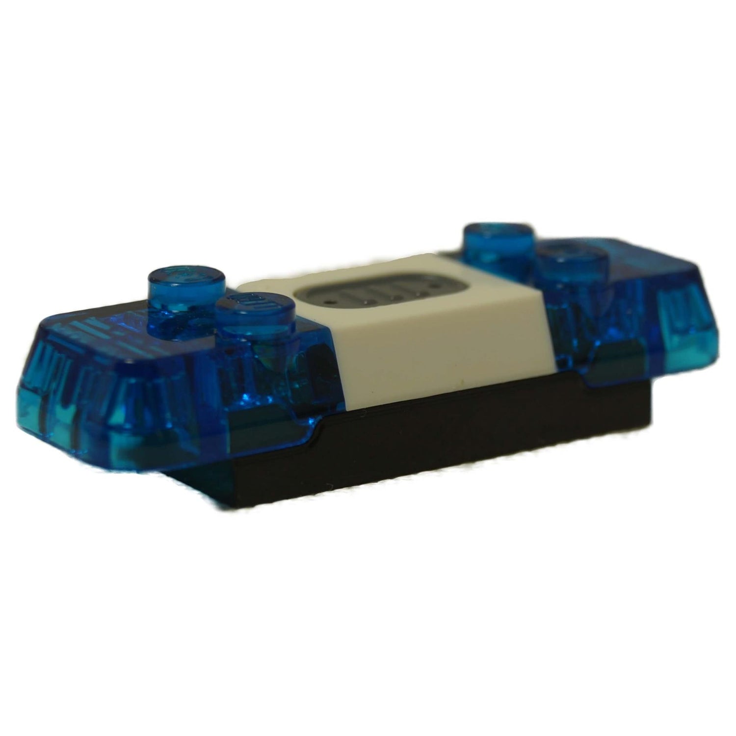 LEGO Light & Sound Siren (40931c01) のクローズアップ。青のトランスルーセントライト、白いブロック、黒いベースが特徴です。