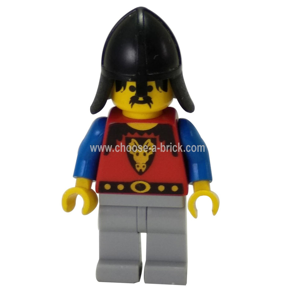 LEGO Minifigura Caballeros Dragón - Caballero 1, Gris Claro Piernas, Negro Protector de Cuello - cas014, primera vista.