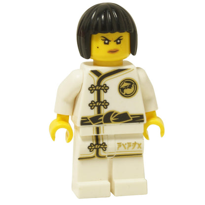 LEGO NINJAGO minifigure of Nya in a white martial arts uniform with black and gold details, and black bob cut hair.