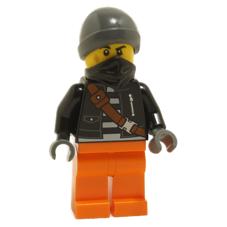 Police - City Bandit Crook Male, Black Jacket, Orange Legs, Dark Bluish Gray Beanie, Black Bandana