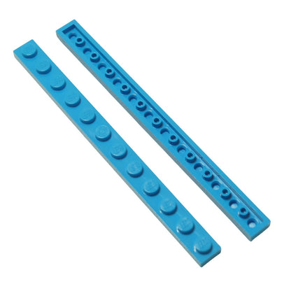 LEGO® plate 1x10 flat building piece 4477 used for narrow structural support and detailing, dark azure
