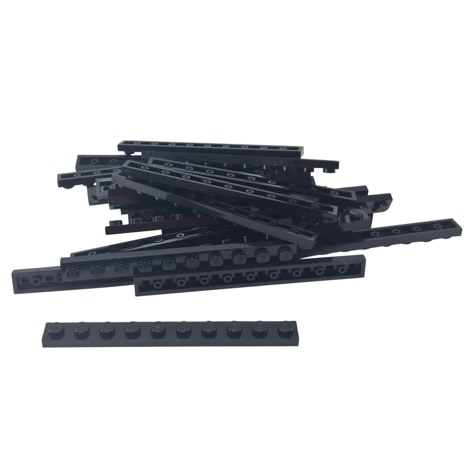 LEGO® plate 1x10 flat building piece 4477 used for narrow structural support and detailing, black
