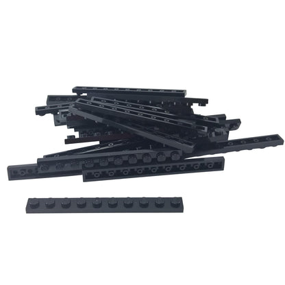 LEGO® plate 1x10 flat building piece 4477 used for narrow structural support and detailing, black
