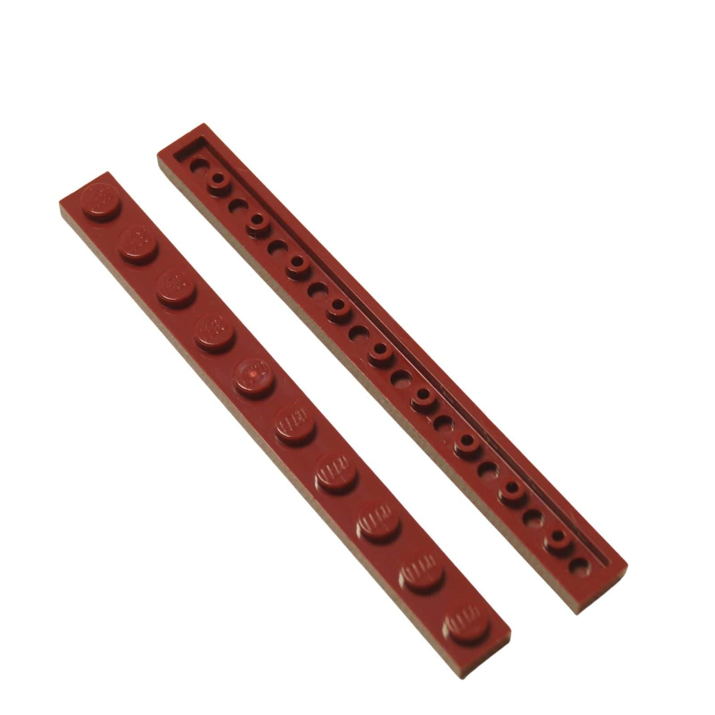LEGO® plate 1x10 flat building piece 4477 used for narrow structural support and detailing, dark red
