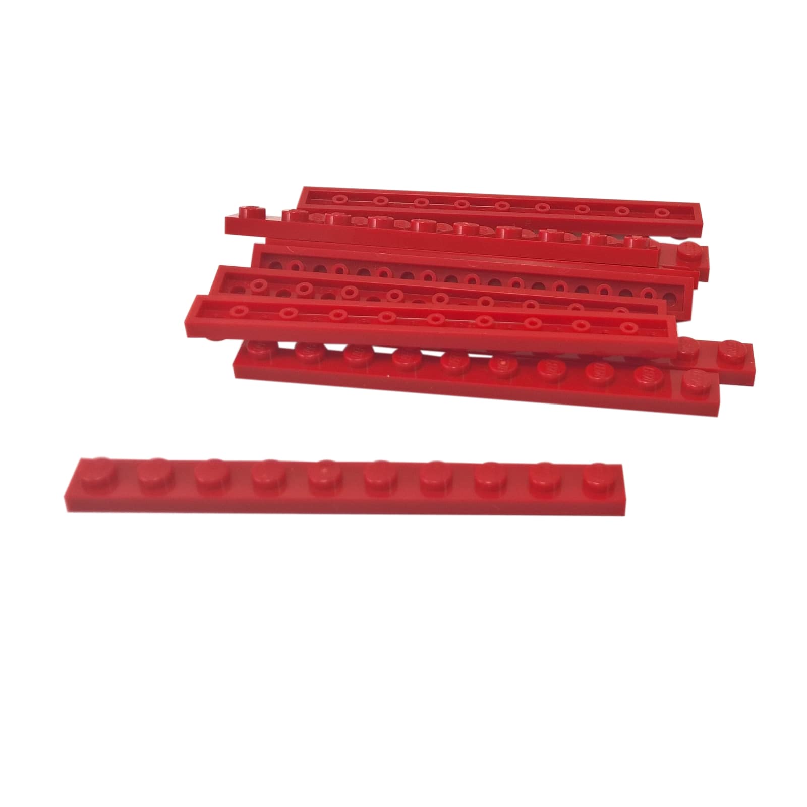 LEGO® plate 1x10 flat building piece 4477 used for narrow structural support and detailing, red
