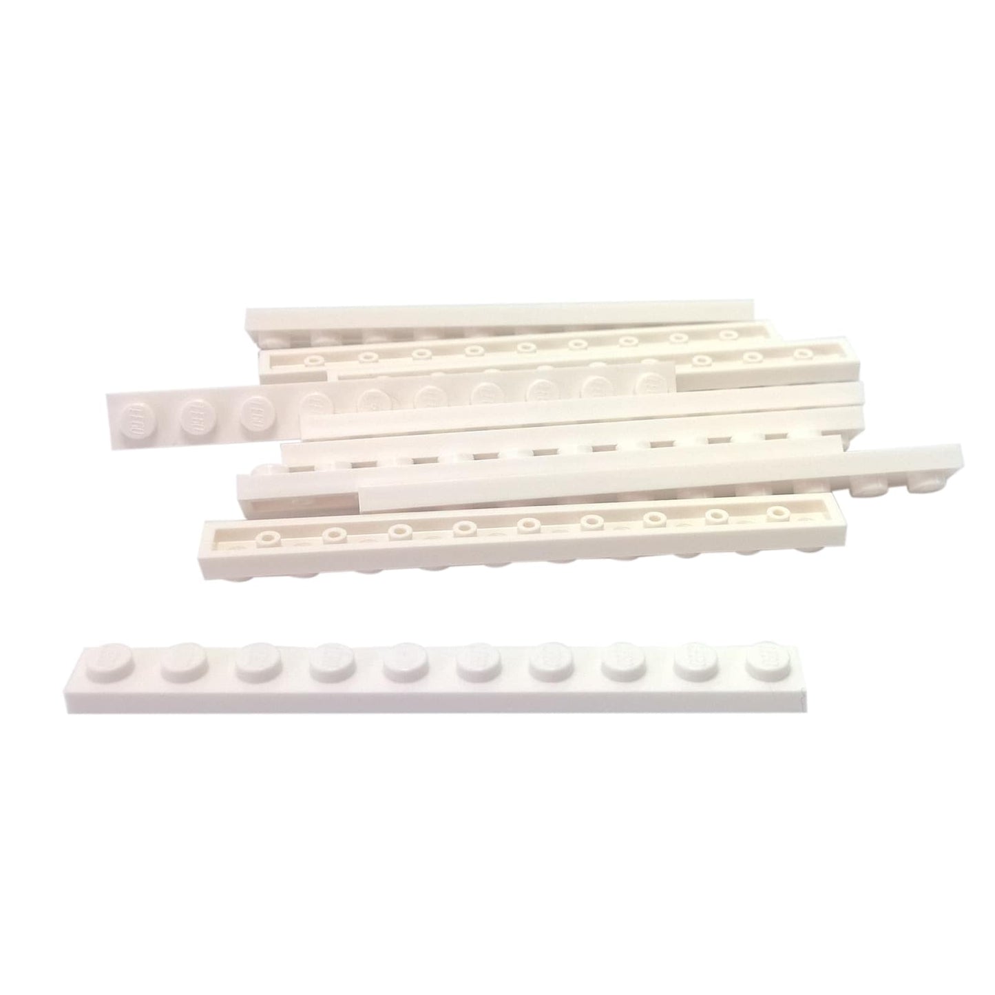 LEGO® plate 1x10 flat building piece 4477 used for narrow structural support and detailing, white
