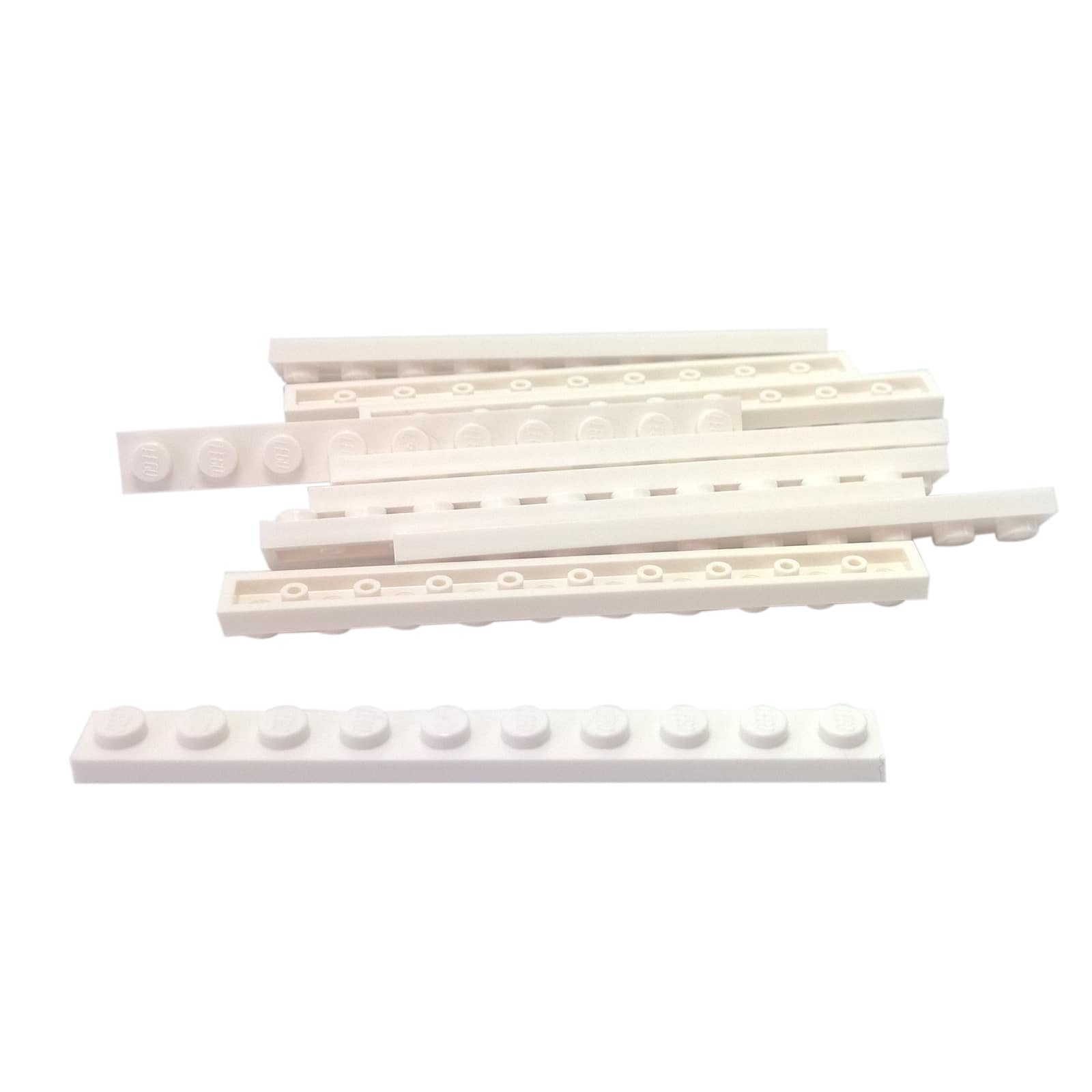 LEGO® plate 1x10 flat building piece 4477 used for narrow structural support and detailing, white
