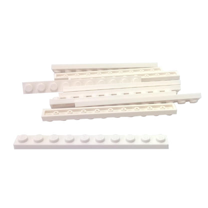 LEGO® plate 1x10 flat building piece 4477 used for narrow structural support and detailing, white
