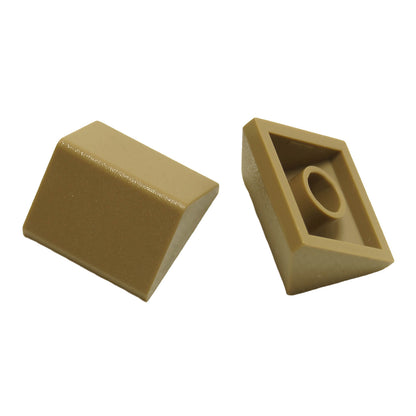 Dark tan 45 degree 2x2 double slope brick, part 3043, with smooth angled surfaces