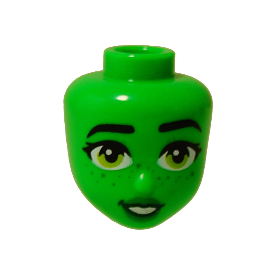 Bright green LEGO® mini-doll head (109876) featuring lime-green eyes, freckles, and a smiling expression.  