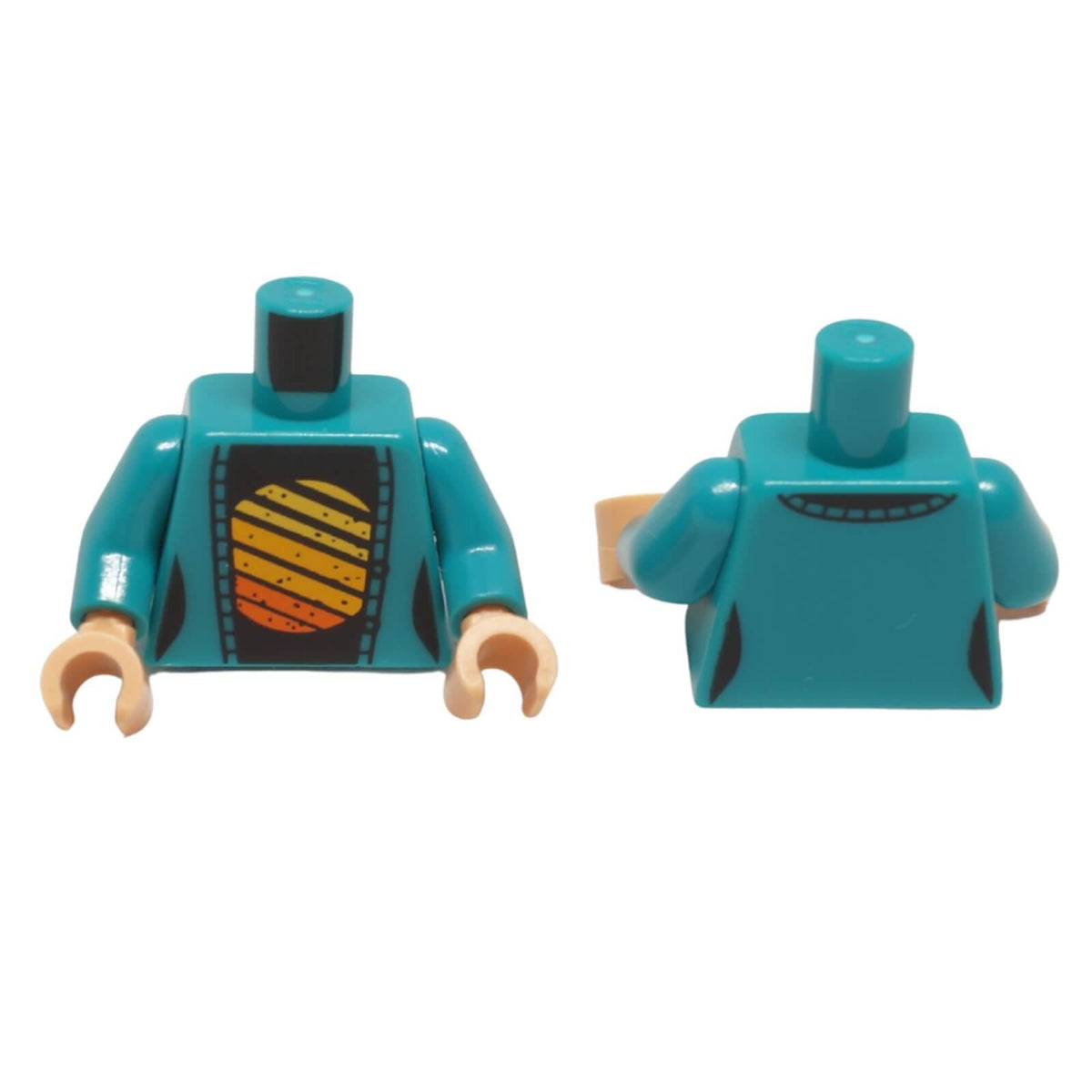 Torso de minifigura femenina con impresión de cárdigan y camiseta de sol a rayas (973pb6105c01), vista frontal y trasera