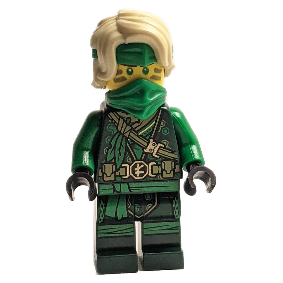 LEGO® NINJAGO Lloyd minifigure njo711 from The Island series, featuring green ninja suit with printed belt and sash, blonde hair, and green bandana mask.
