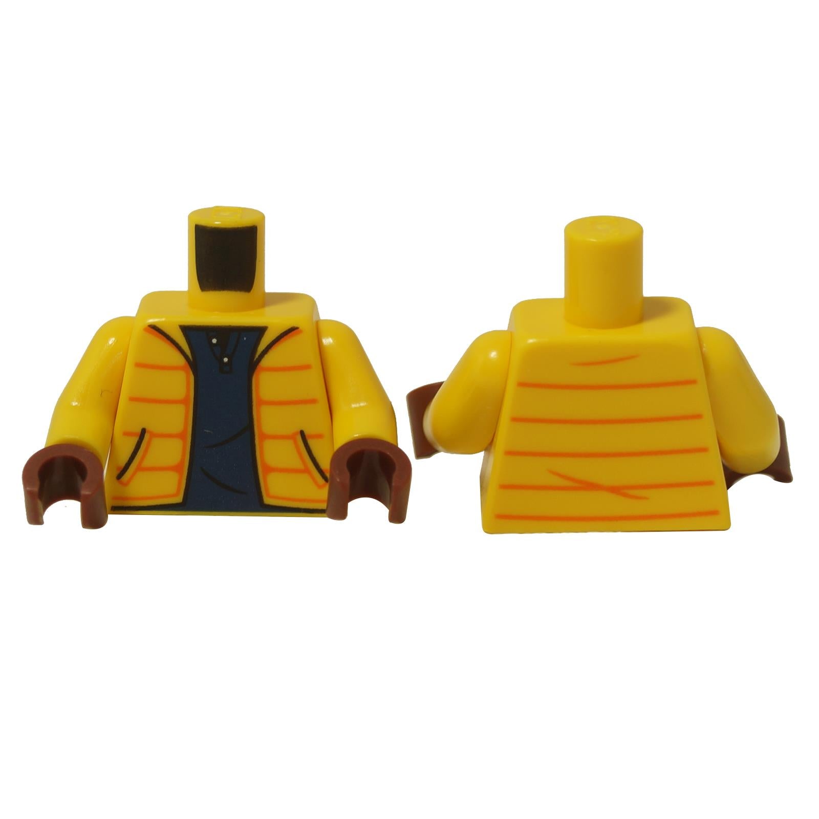 LEGO® minifigure torso with yellow jacket and orange stripes, printed upper body piece with front and back details