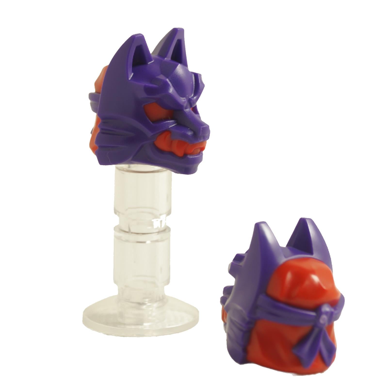 LEGO minifigure headgear with dark purple and red color scheme, featuring sculpted fur, menacing eyes, and a tied-back bandana.