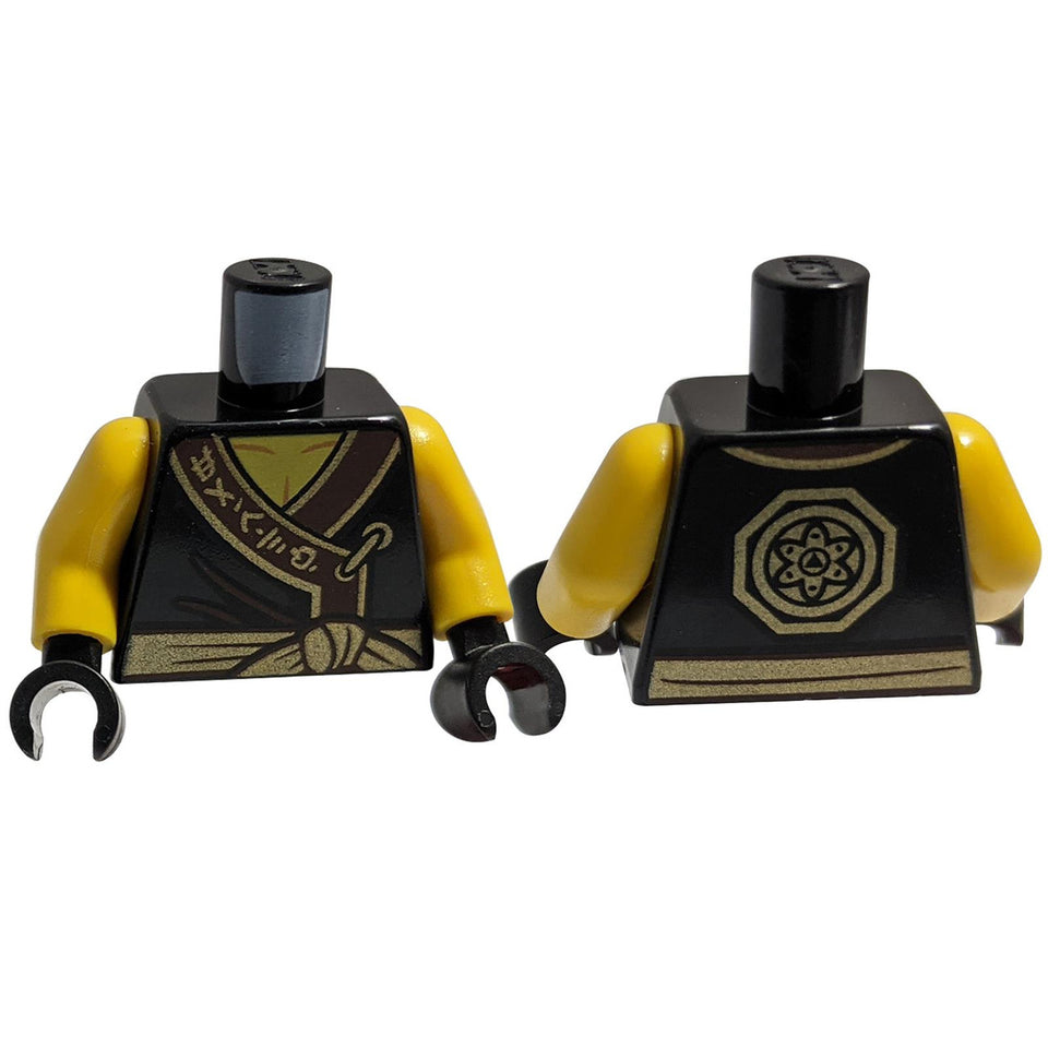 Negro Torso Ninjago Túnica con Caracteres Asiáticos, Marrón Pliegues de Tela, Banda Dorada y Patrón de Medallón - Amarillo Brazos - Negro Manos