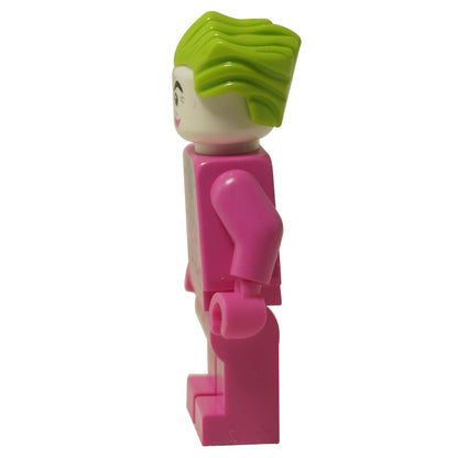 Side view of the LEGO The Joker Dark Pink Suit minifigure (sh0704), showing the profile of the bright lime green hair, the dark pink suit, and the simple articulation of the arms and legs.