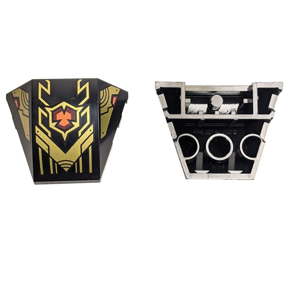 LEGO Black Wedge 4x3 with gold armor and emblem, front and back views