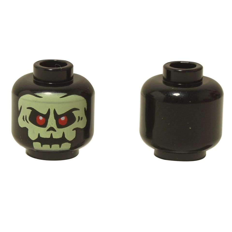 Front and back views of the LEGO® minifigure head (3626pb3198) in black, featuring a yellowish green alien skull design with glowing red eyes and menacing expression.