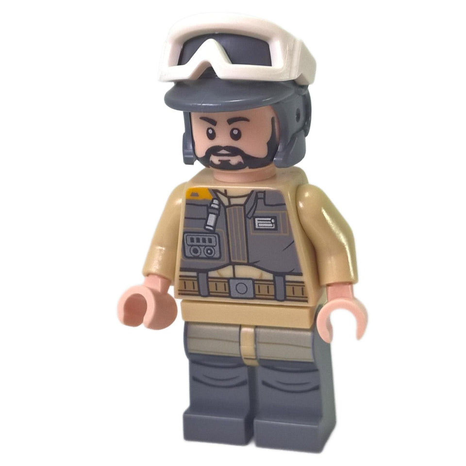 LEGO® Star Wars™ Rebel Trooper – Private Kappehl minifigure (sw0803) front view, featuring tan and dark bluish gray uniform with printed vest, utility belt, and helmet with goggles. Displayed on a white background.  