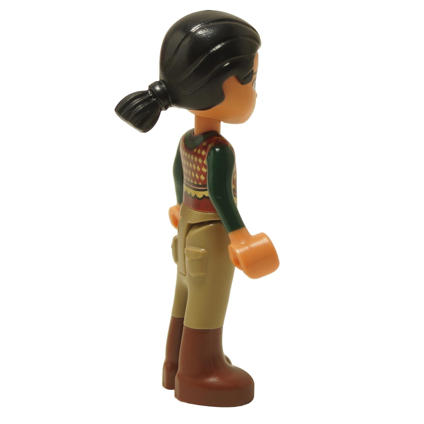 Side view of LEGO Ollie mini-doll showing black ponytail detail and tan ridin