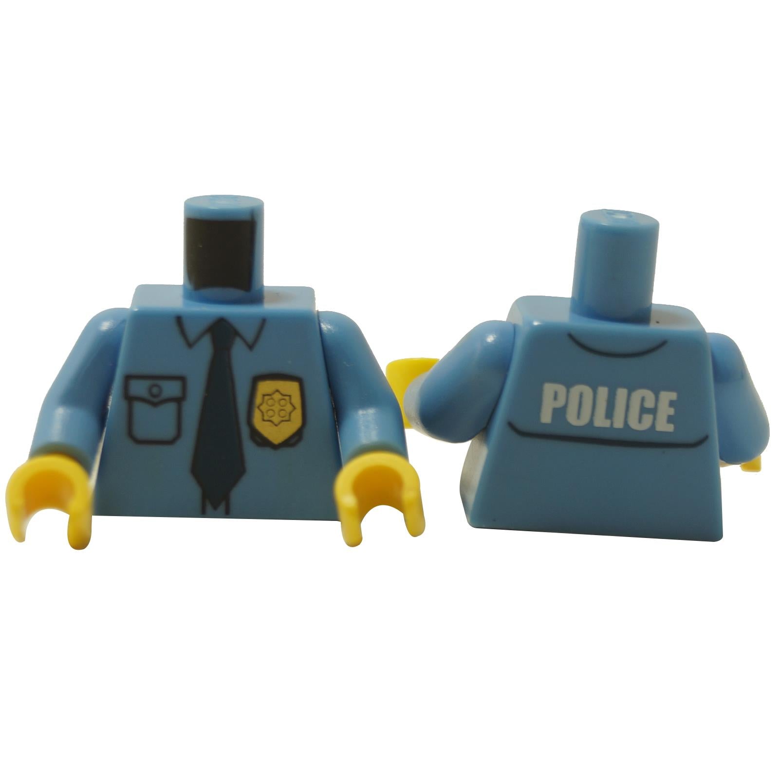 LEGO® City police torso (973pb0801c01) featuring a light blue uniform with a gold badge and dark blue tie on the front, and the word “POLICE” printed in white on the back. Displayed on a white background.  
