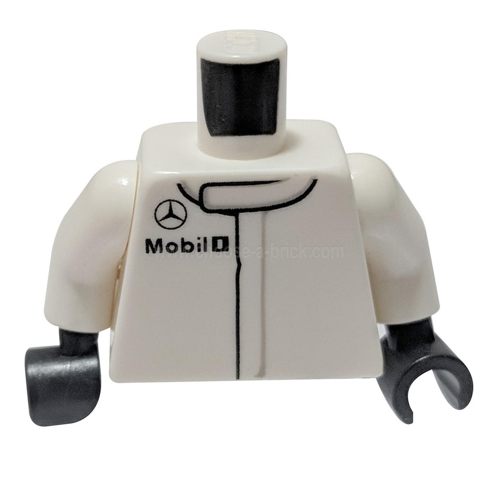 Torso Speed Champions con Negro pequeño logotipo de Mercedes-Benz y patrón de logotipo de Mobil 1 - Blanco brazos - Negro manos