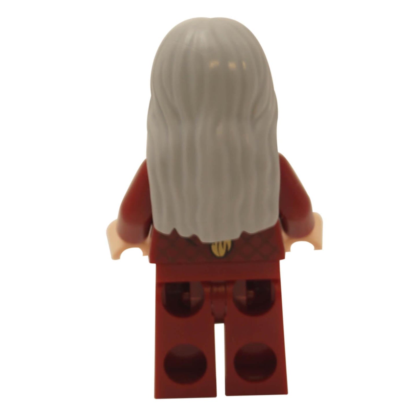 Rear view of the LEGO® Albus Dumbledore™ minifigure (hp147) showing long gray hair and dark red robe printing on the back.