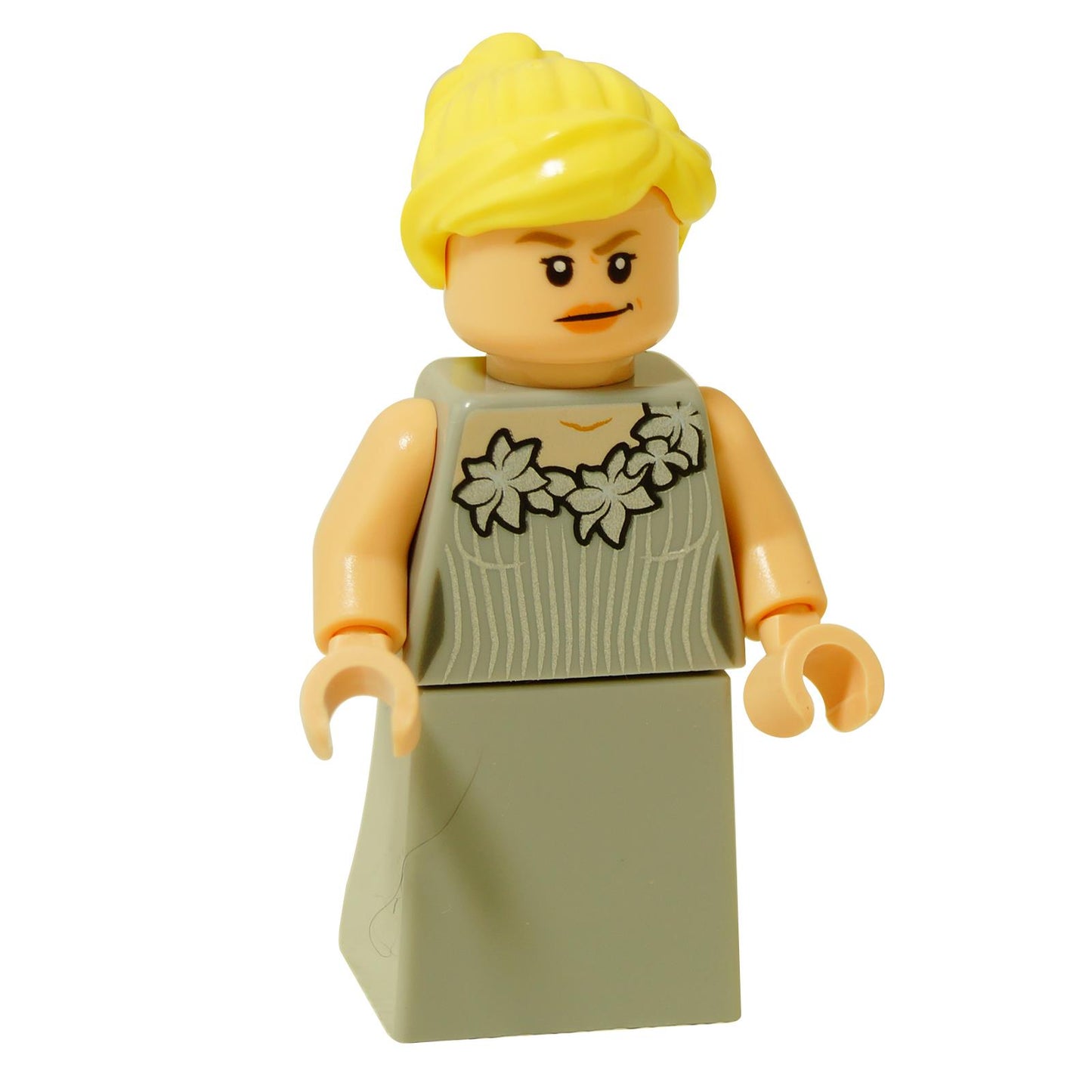 Vorderansicht der LEGO Fleur Delacour Minifigur (hp187) im blassgrünen Yule Ball Kleid mit dunkler blauer Jacke.