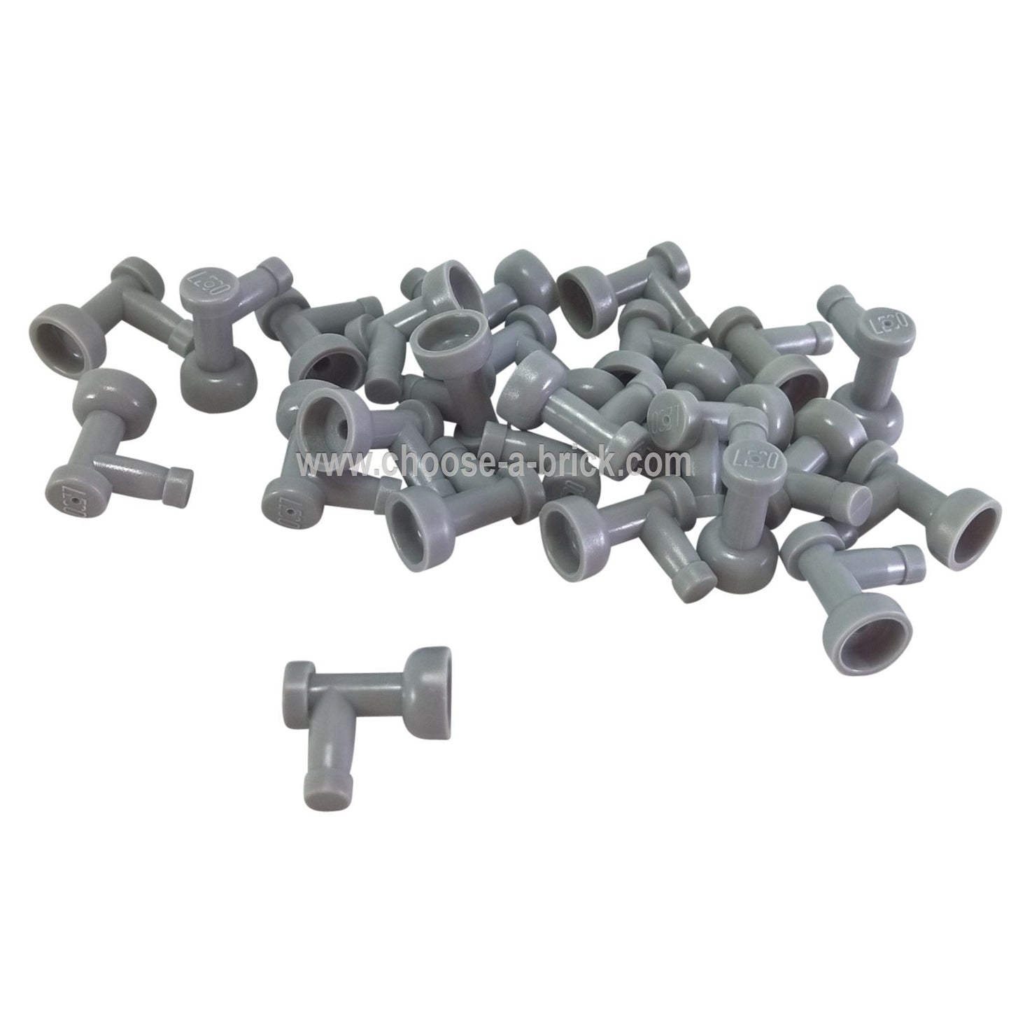 A pile of numerous light bluish-gray LEGO Part 4599b (Tap 1 x 1 without Hole in End) pieces scattered against a white background, showing their T-shape with a flared cup end.