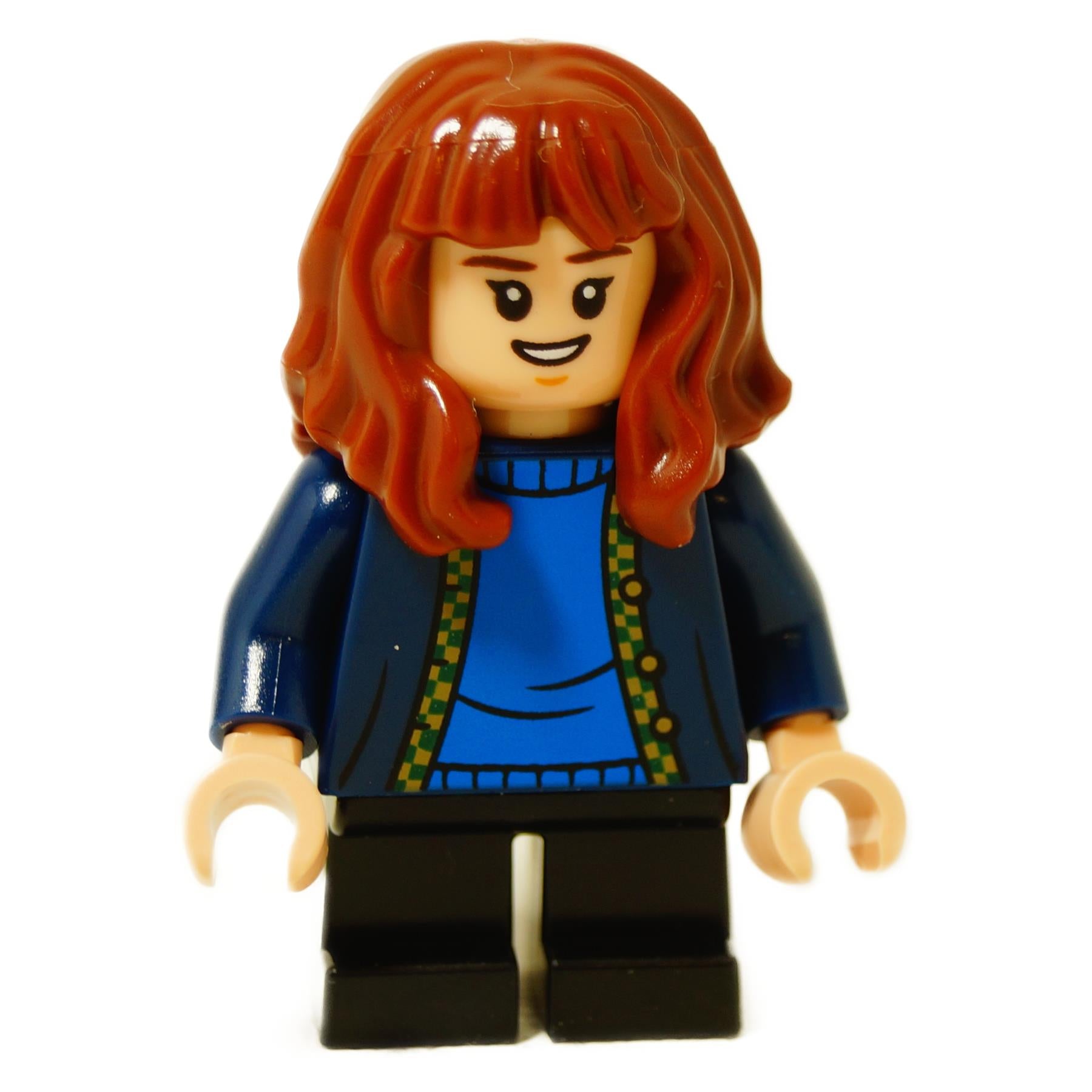 Front view of LEGO Hermione Granger minifigure (hp476) with long red hair, smiling sweetly.