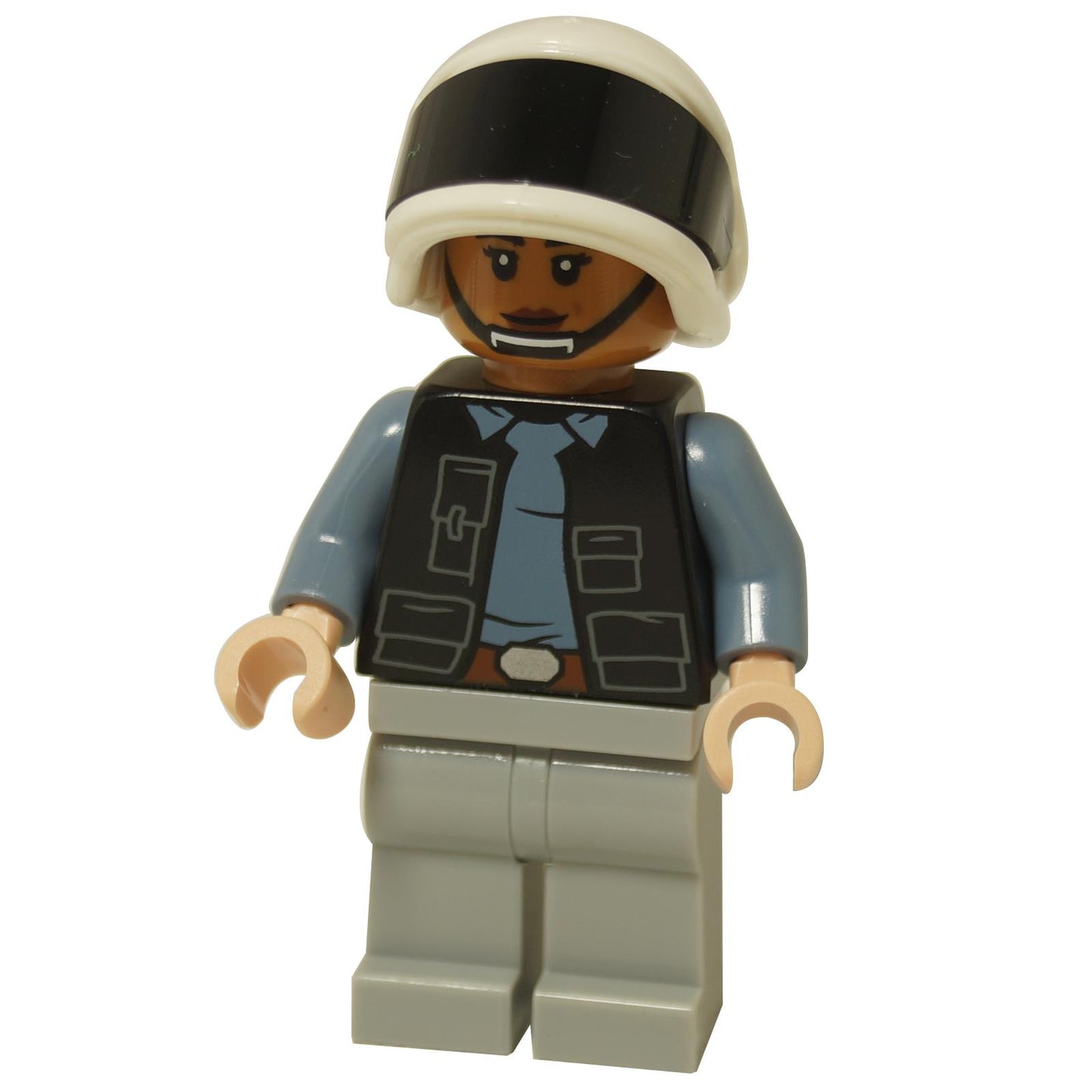 Front view of the LEGO® Rebel Fleet Trooper female variant (sw1392) with neutral expression, wearing a white helmet and blue uniform.