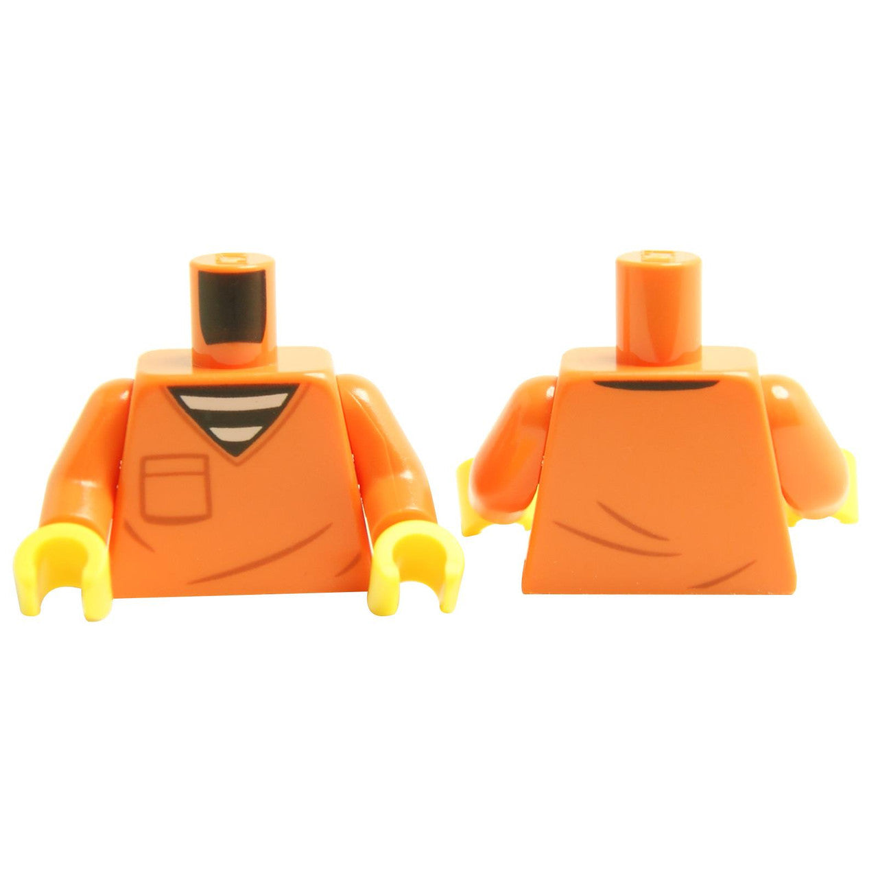 Front and back of orange LEGO prison jumpsuit torso 973pb5514c01.