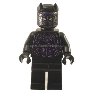 LEGO Black Panther minifigure, front view, purple highlights