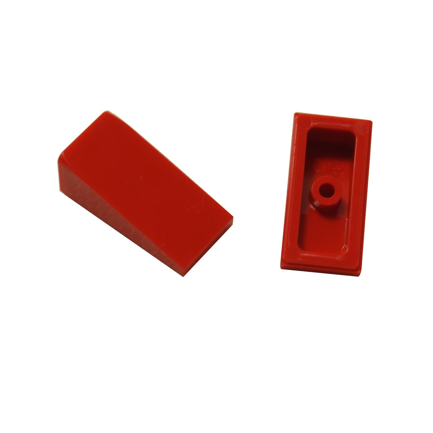 Red slope piece measuring 2 x 1 x 2/3 with 18-degree angle, low-profile element for gentle angled surfaces