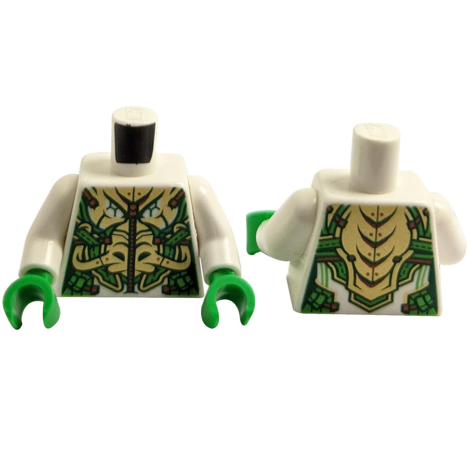 Armura de tors feminină verde strălucitor cu accente aurii și model de față de dragon 